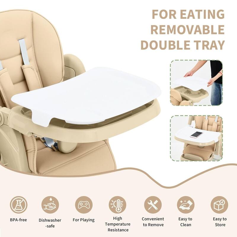 Adjustable Backrest Foldable High Chair for Babies & Toddlers, Kahki