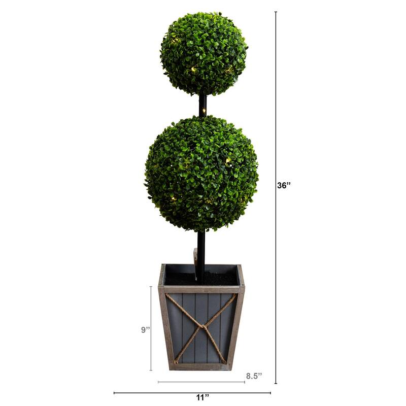 Potted Double Ball Boxwood Artificial Topiary Tree - 3' - Clear LED Lights