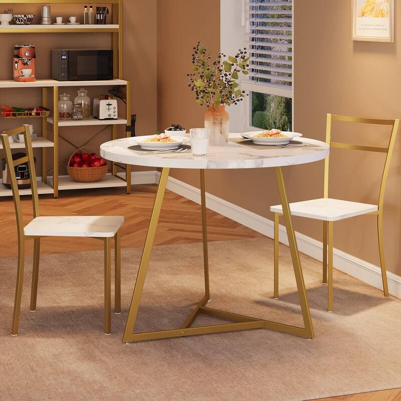 Lasyn Marble White Gold Round 3 Piece Dining Table Set for Small Space - 31.4" Dia x 29.5" H - Gold