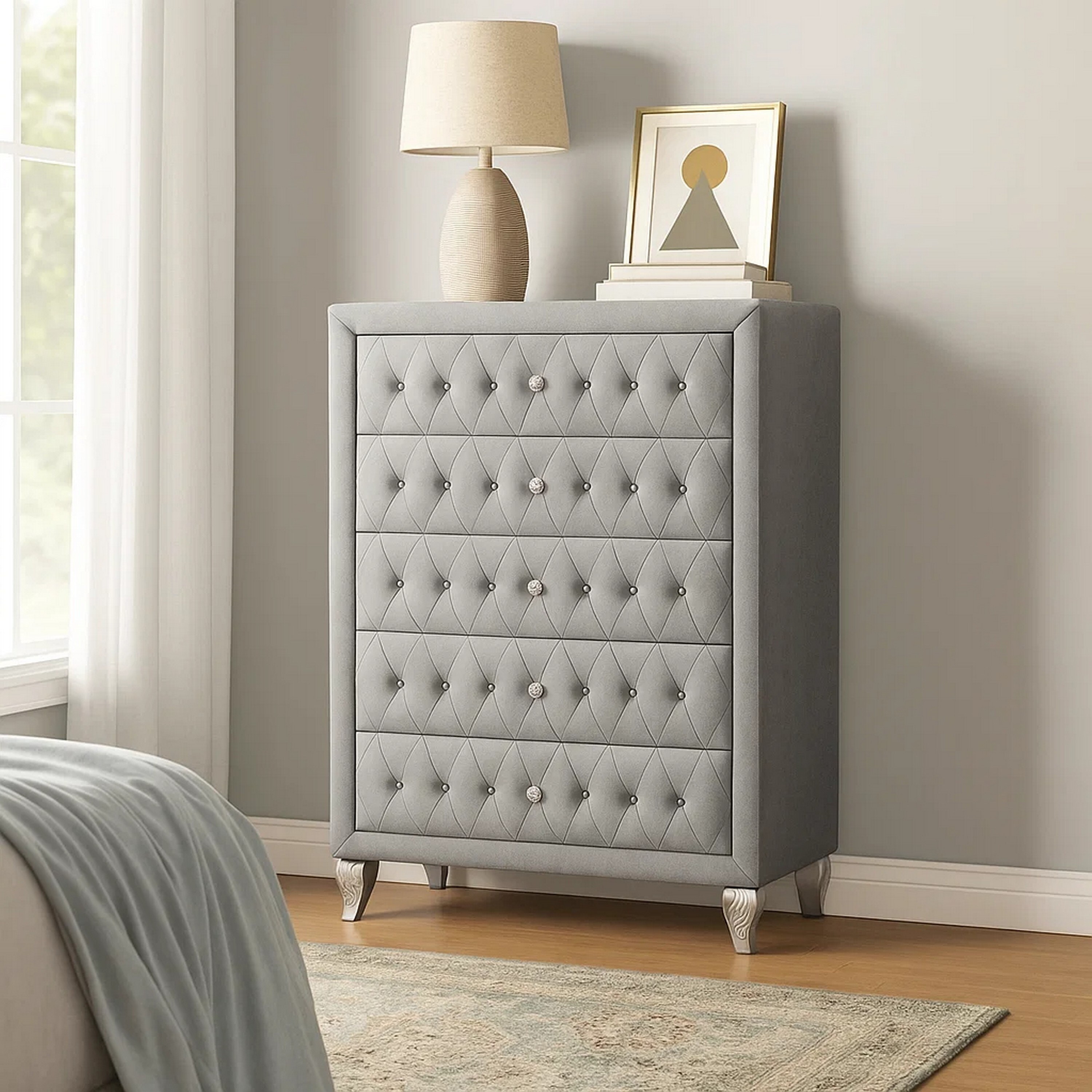 Rea Tall Dresser Chest, 5 Drawers with Crystal Knobs, Gray Velvet  Upholstery - Overstock - 43689205