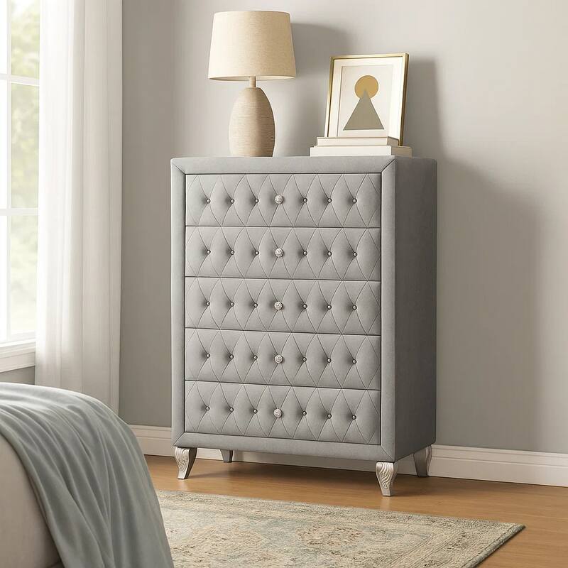 Rea Tall Dresser Chest, 5 Drawers with Crystal Knobs, Gray Velvet Upholstery