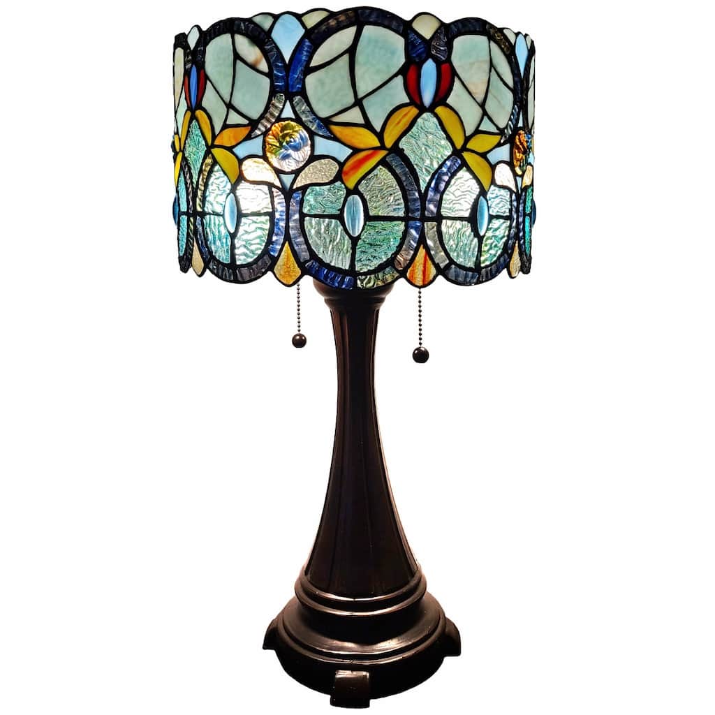 Stained Glass Table Lamp with Two Lights and Dark Brown Metal Base - 11” x 22” x 22”