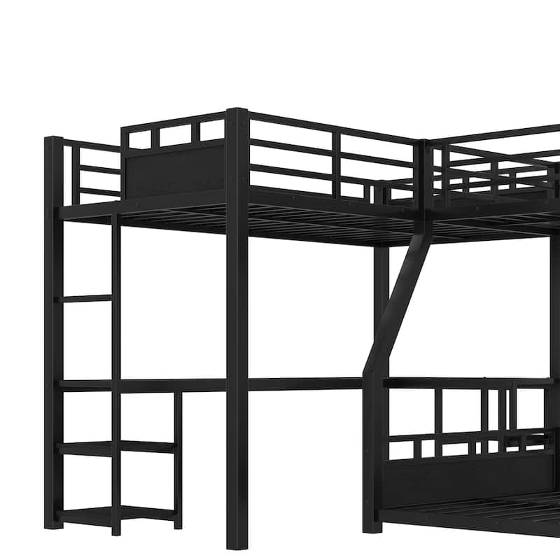 L-shaped Triple Bunk Bed with Loft Bed and Bunk Bed, Metal Storage Bed Frame with Integrated Desk, Open Shelves and Slide