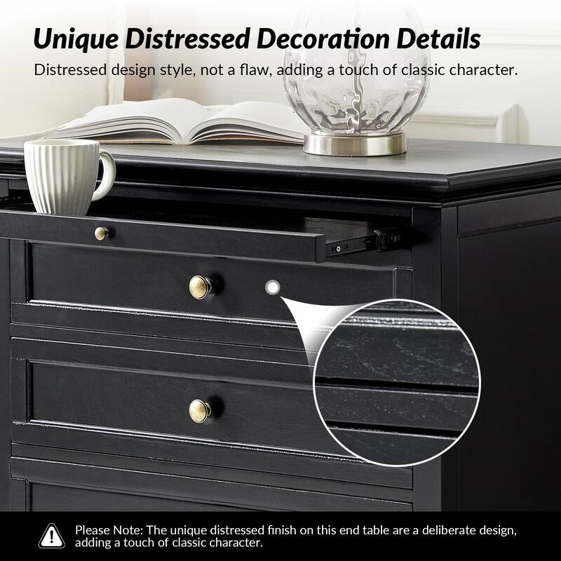 Muriel Farmhouse 3 Drawers End Table with Built-In Outlets nad Pull-out Shelf Set of 2 by HULALA HOME