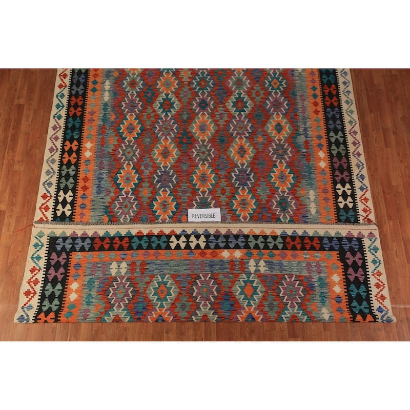 Geometric Kilim Area Rug Flatweave Wool Carpet - 8'8"x 11'10"