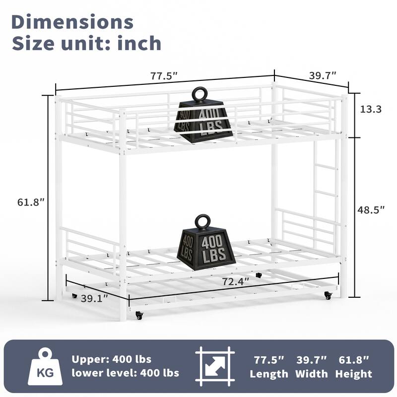 Twin Over Full Metal Bunk Bed Convertible to 2 Separate Beds White Finish