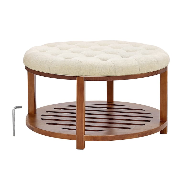 Linen Round Ottoman Coffee Table with Storage Tufted Upholstered Bench Footrest 350 lbs Capacity