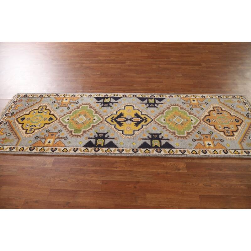 Geometric Kazak Indian Runner Rug Hand-Knotted Wool Carpet - 2'7"x 8'0"