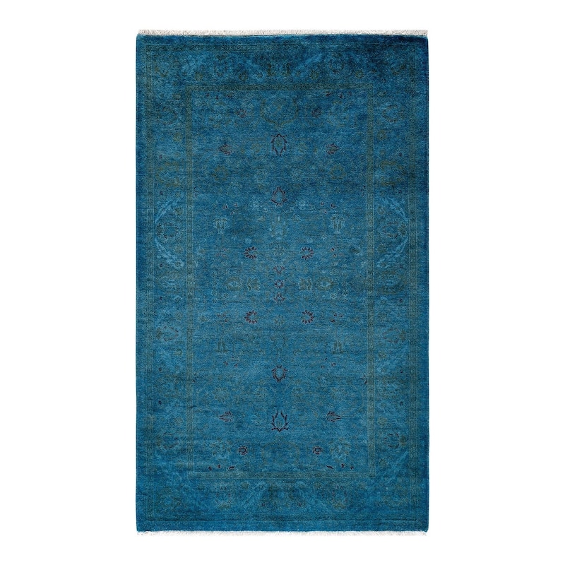 Overton Hand Knotted Wool Vintage Inspired Modern Contemporary Overdyed Blue Area Rug - 3' 2" x 5' 3"