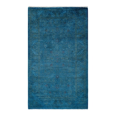 Overton Hand Knotted Wool Vintage Inspired Modern Contemporary Overdyed Blue Area Rug - 3' 2" x 5' 3"