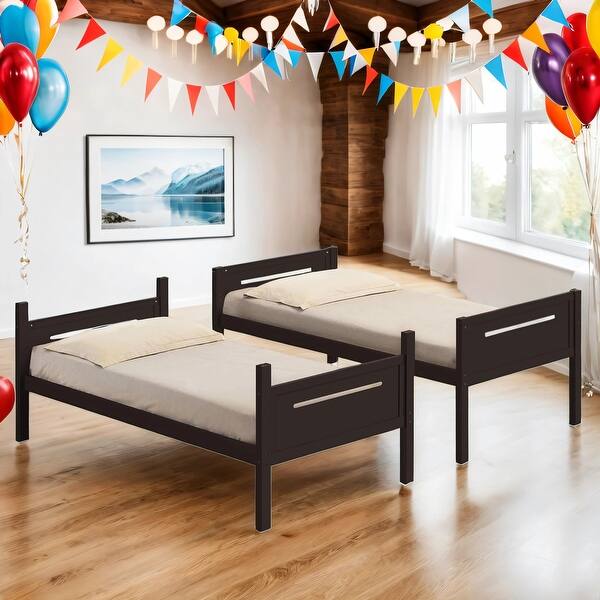 slide 2 of 8, Kid Bed Frame Wooden Versatile Twin over Twin Bunk Bed with Built-in Ladder Brown