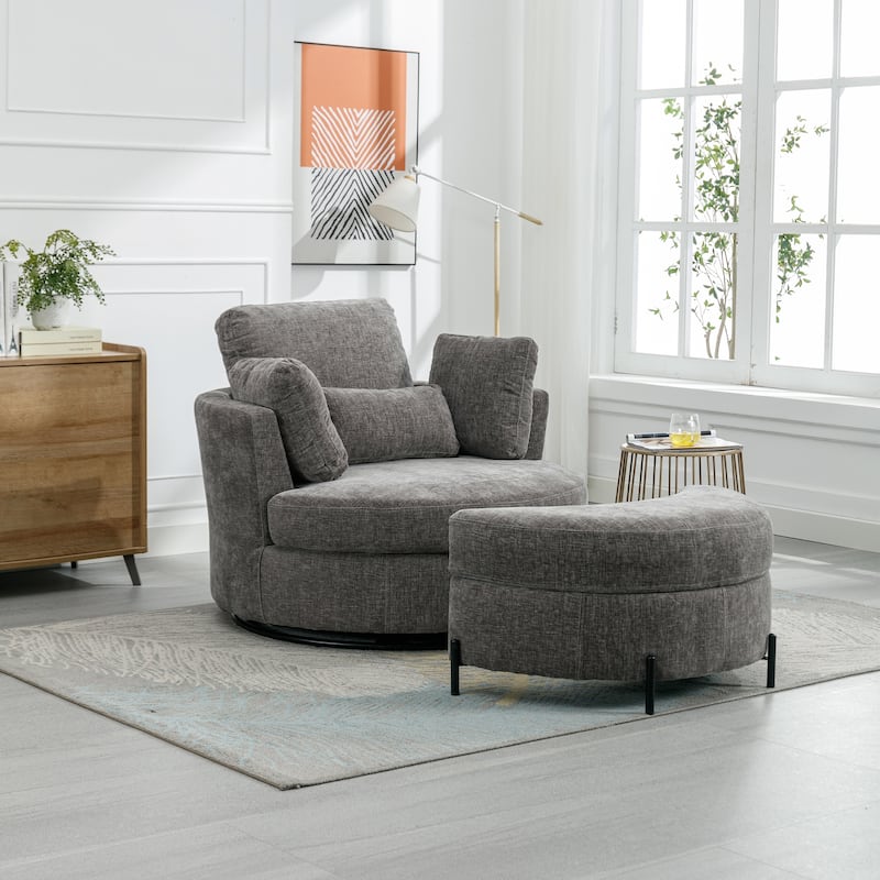 42.2"W Swivel Accent Barrel Chair with Half Crescent Moon Storage Bench - Gray/Chenille