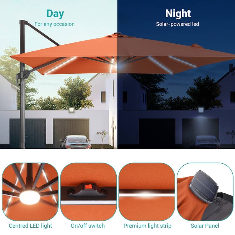 BONOSUKI 11.5x9FT LED Cantilever Patio Umbrella 360 Rotation w/Base