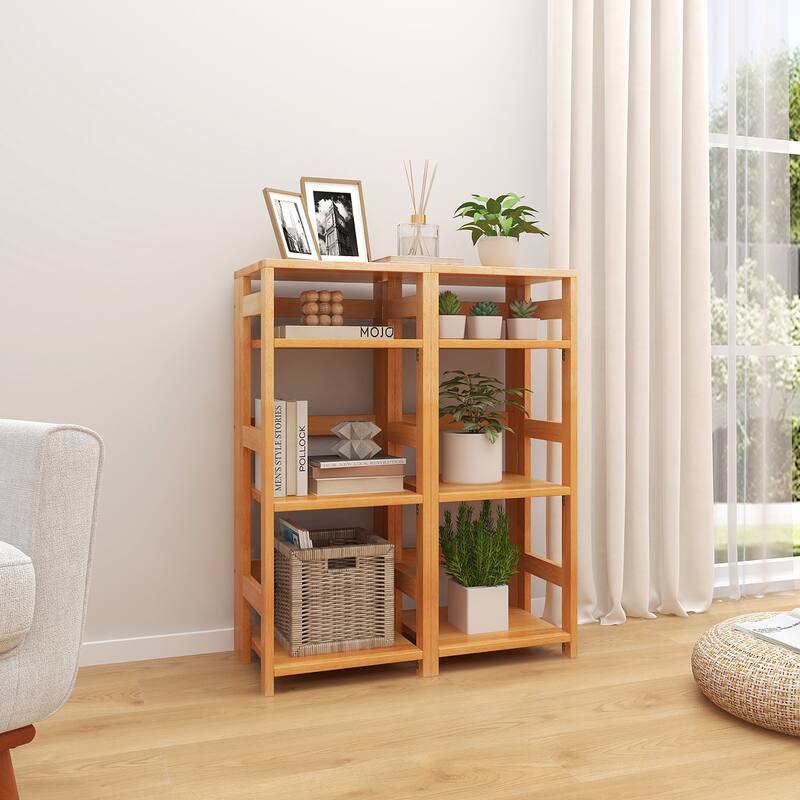 Gymax 2PCS 4-Tier Bookshelf Floor Storage Shelf w/ Rubber Wood Frame