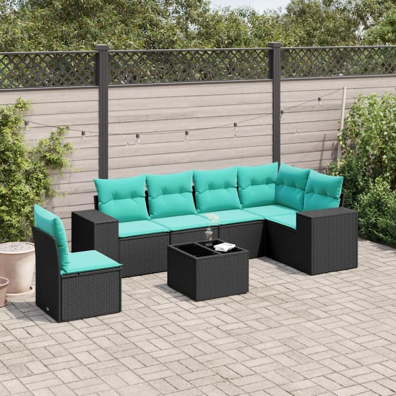 vidaXL 6 Piece Patio Sofa Set with Cushions Black Poly Rattan - 21.7 x 24.4 x 27.2-With table