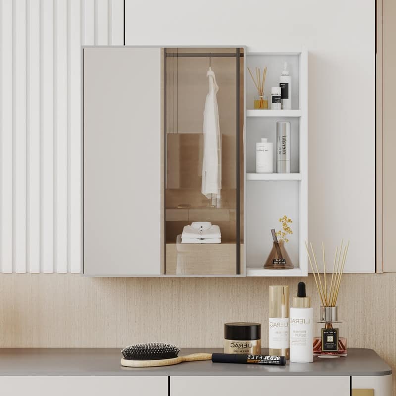 White MDF Wall-Mounted Mirror Cabinet with Hidden Storage - Space Saving Bathroom Organizer
