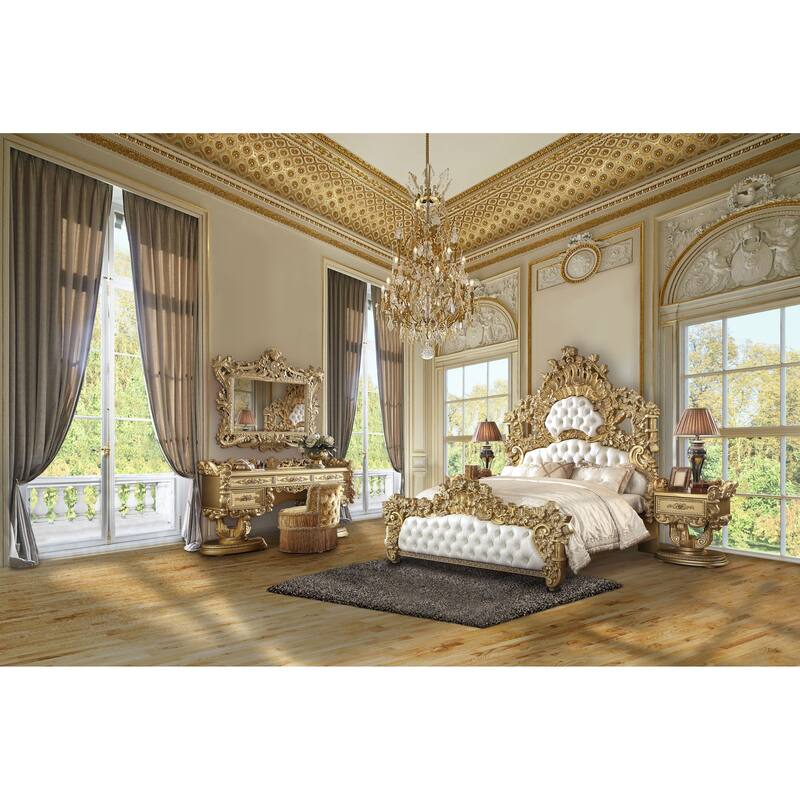 Heverford White and Gold Eastern King Scrolled Floral Bed