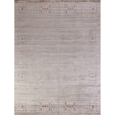 Hand Knotted Oriental 100% Wool Carpet Tribal Stripe Greys & Charcoal Gabbeh Area Rug - 9' 11'' X 7' 11''