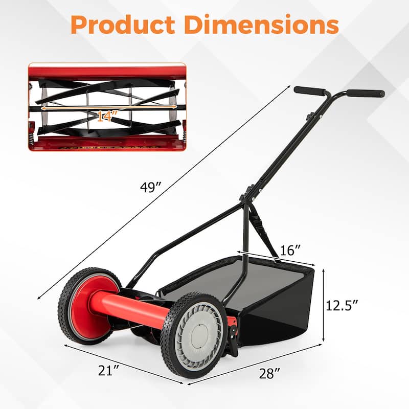 Gymax 14'' Manual Reel Mower w/ 5-Blade 6.6 Gallon Removable Grass