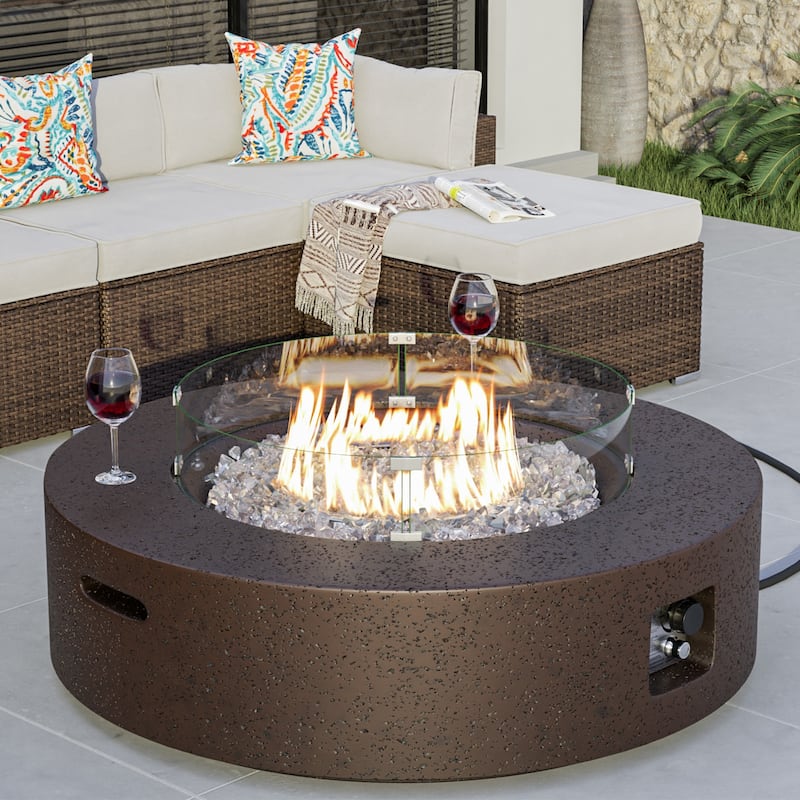 SUNBURY 42''Round Propane Fire Pit w Wind Guard and Fire Glass - Dark Brown+Gray Fire Glass