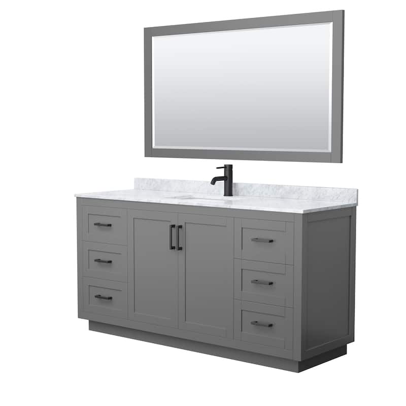 Miranda Bathroom Vanity Set, White Carrara Marble Top, 58-Inch Mirror - 66-Inch Single - Dark Gray, Black Trim, White Carrara Marble Top