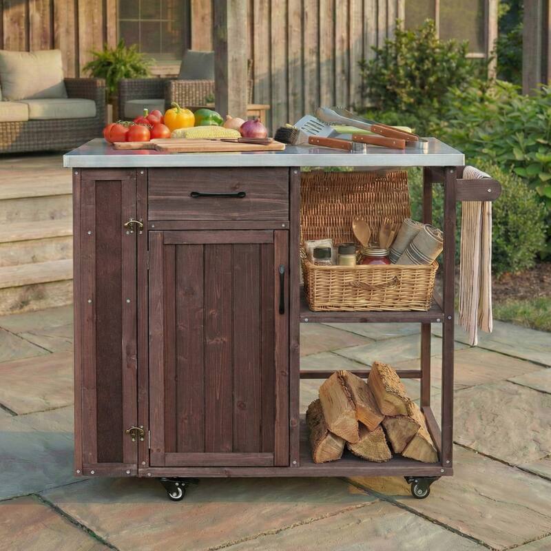 Outdoor Fir Wood Kitchen Island Prep Station with Stainless Top, Ample Storage Space, Towel and Spice Racks - Dark Brown