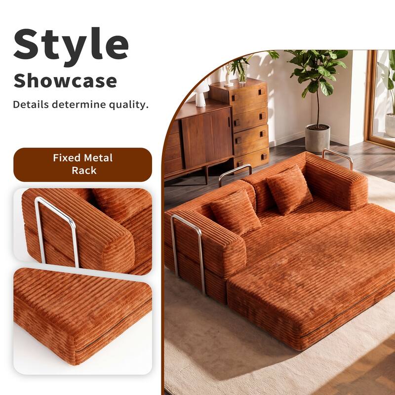 Convertible Floor Sofa Bed Boneless Corduroy Sofa, 78.7" Foldable Compressed Loveseat Lounge Sleeper 2 Seater Couches