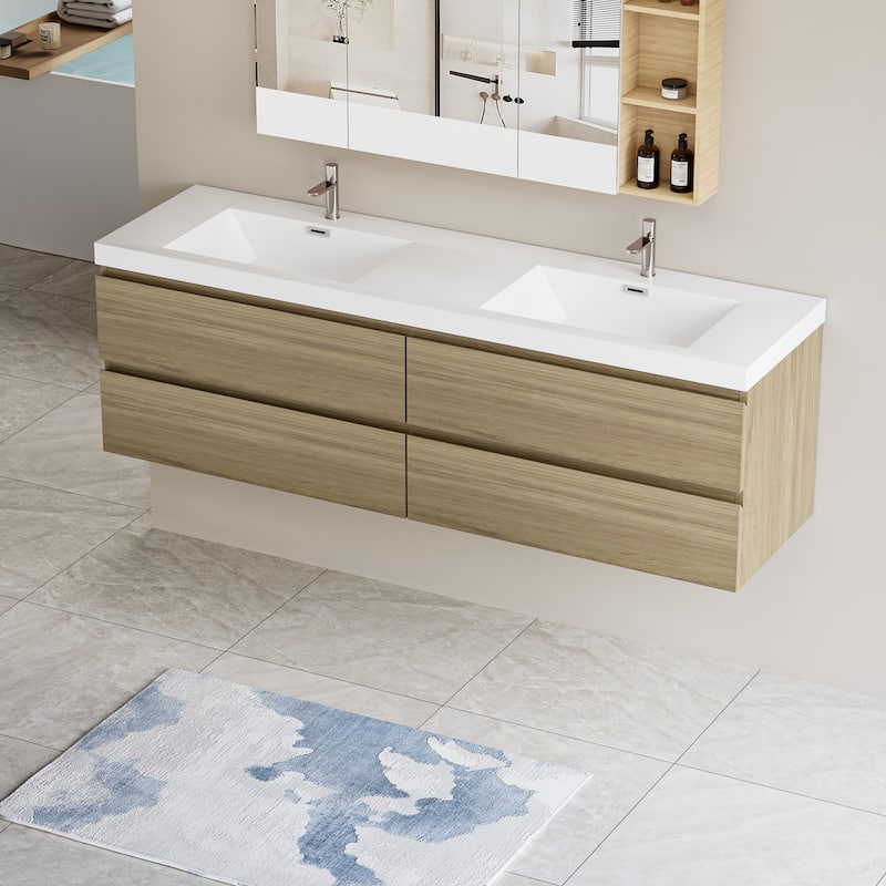 Wall 72" Floating Bathroom Vanity with Sink & and 4 Soft Close Drawers,White/Oak/Grey - 72 inch