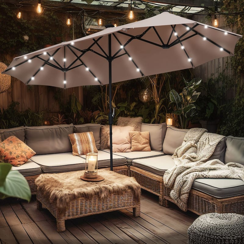 Ainfox 13ft Double-sided Patio Umbrella Solar LED Lighted Outdoor Martet Umbrella with Base - Khaki-No Base