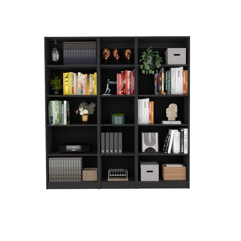 FM FURNITURE Holdbrook 3 Piece Living Room Set with 2 Sutton 4 Shelves Bookcase + Sutton Slim Bookcase, Black