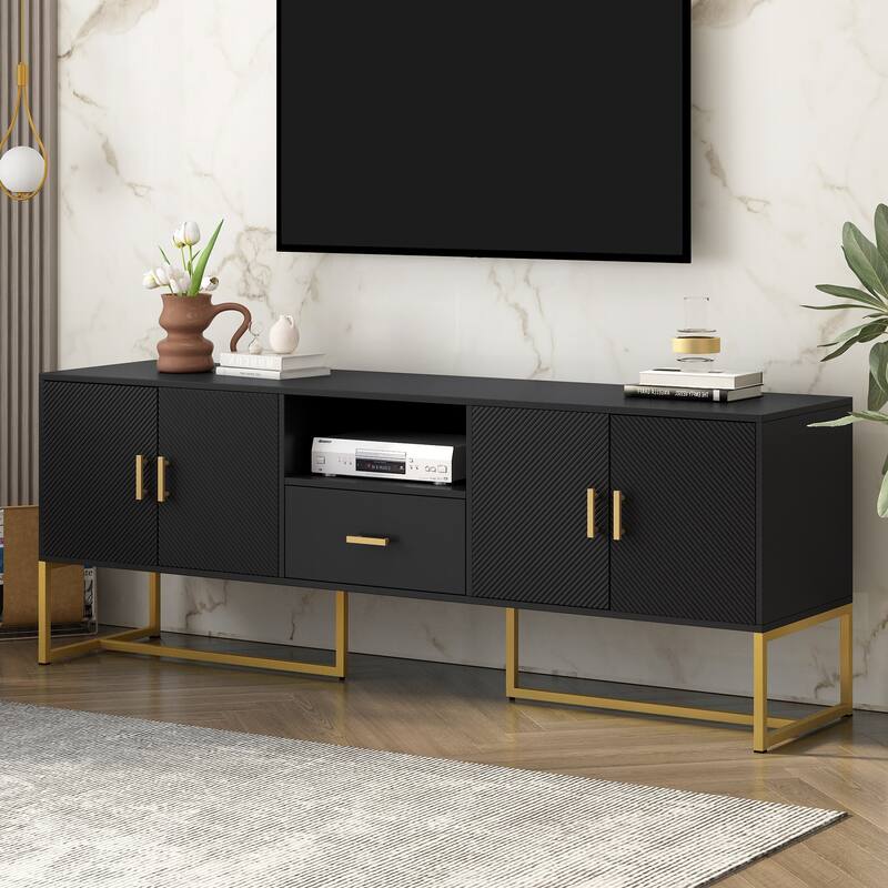 Roomfitters Modern TV Stand for up to 70 Inch TV, Media Cabinet with Drawer, Metal Legs and Safety Features, Black - Black