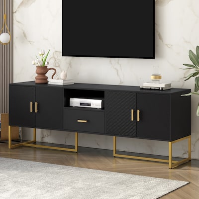 Roomfitters Modern TV Stand for up to 70 Inch TV, Media Cabinet with Drawer, Metal Legs and Safety Features, Black