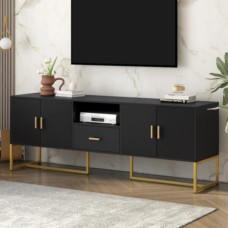 Wooden TV Stand with Irregular Legs Rectangular Decorative Media Center with Storage 4 Doors TV Cabinet for TV up to 70" - Black