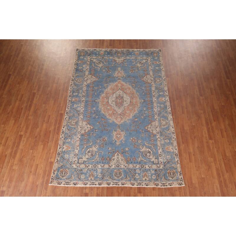 Blue Tabriz Persian Vintage Area Rug Handmade Wool Carpet - 6'11"x 10'9"