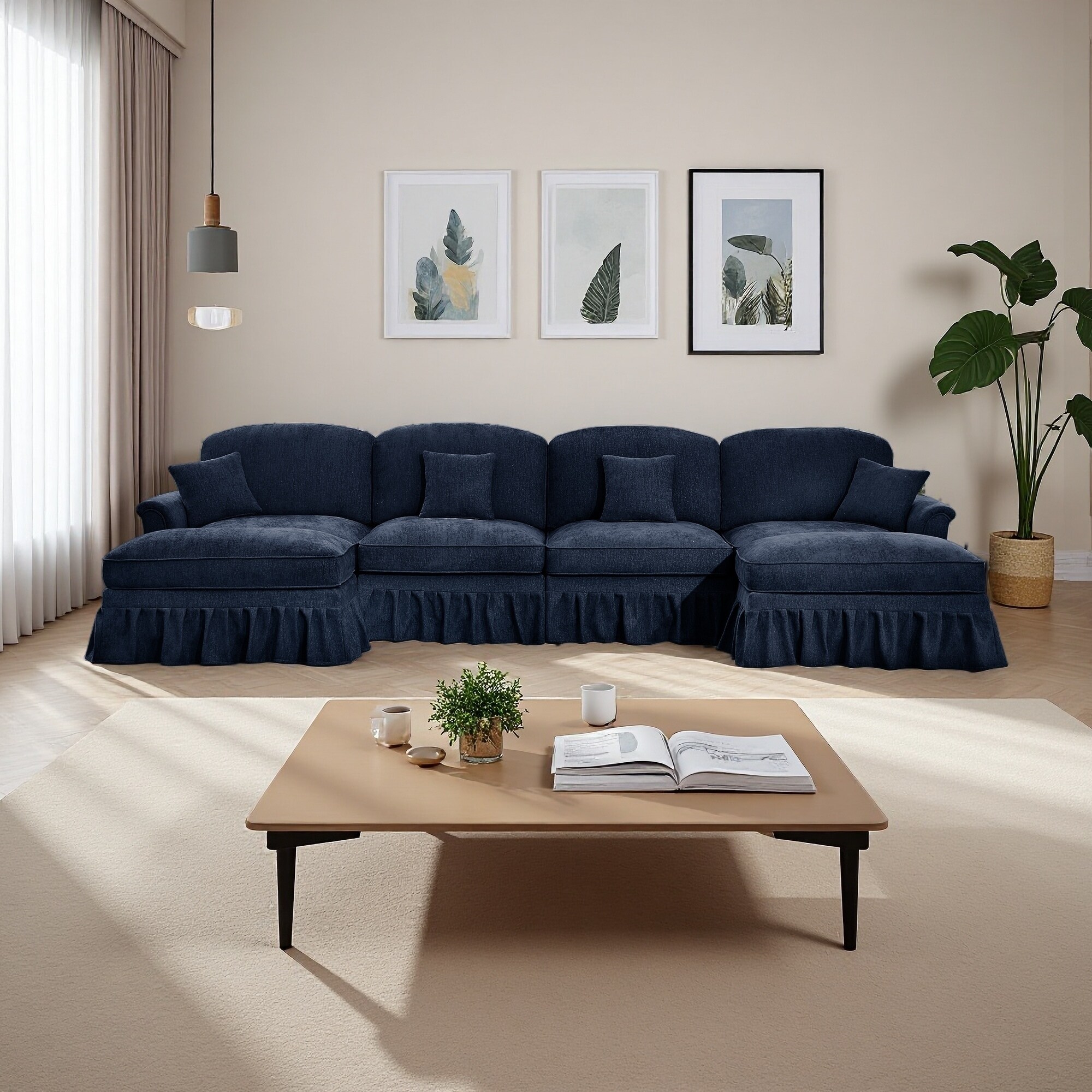 137.8" Chenille U-Shaped Modular Sectional Sofa with Flared Arms, Removable Skirt and Movable Ottomans (4-Seater)