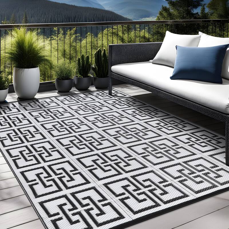 Beverly Rug Geometric Greek Key Outdoor Rug Waterproof for Patio, RV Camping