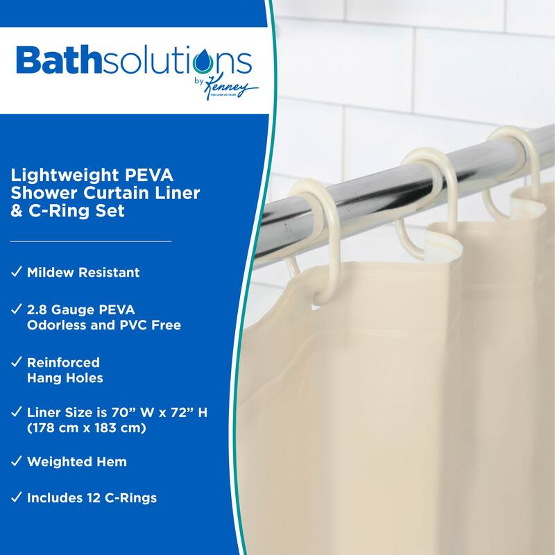 Kenney Lightweight PEVA Shower Curtain Liner and C-Ring Set, 70" W x 72" H