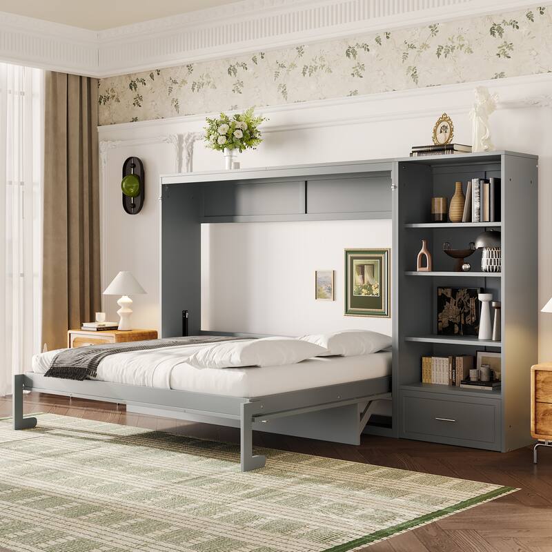 Murphy Bed Foldable Platform Bed Frame Queen Size Wall Bed with Drawer and Storage Cabinet Adjustable Height Compartments Shelf