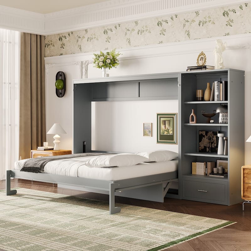Roomfitters Queen Size Murphy Bed with Adjustable Storage Compartments and Shelf, Foldable Wall Bed with Drawer - Grey