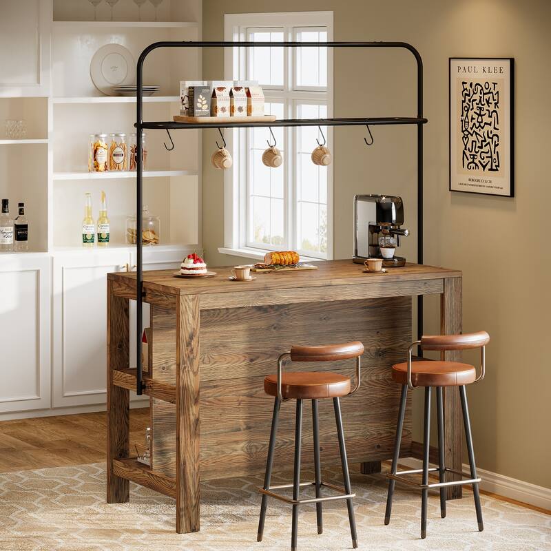 47 Inch Solid Wood Bar Table Home Bar Unit with Storage and 5 Hooks - 23.62" D x 47.24" W x 70.08" H