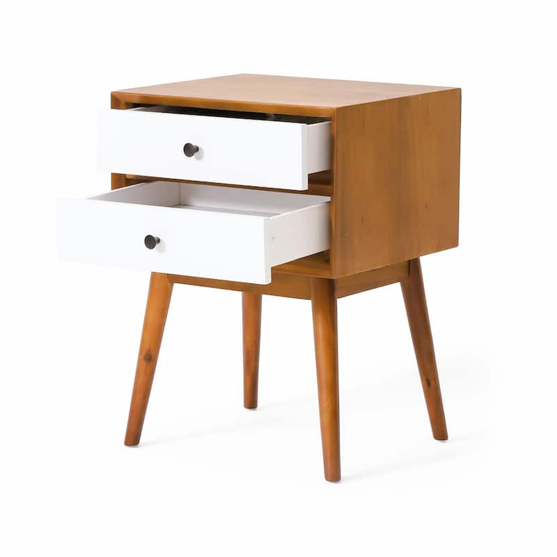 Mid-Century Acacia Wood Nightstand - 2 Drawers, Brass Accents