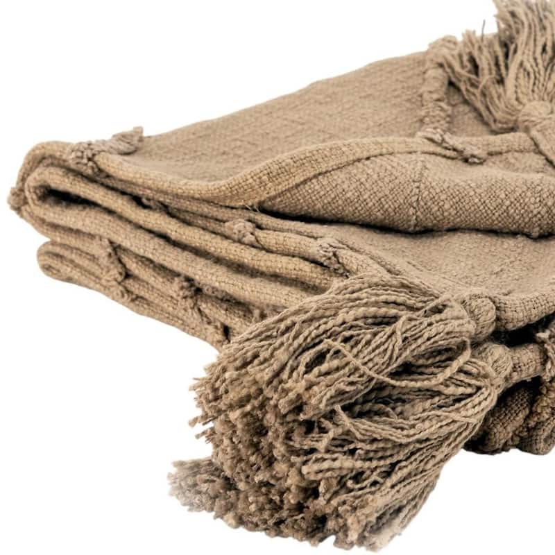 HomeRoots 50" X 60" Brown Cotton Woven Geometric Throw Blanket with Tassels