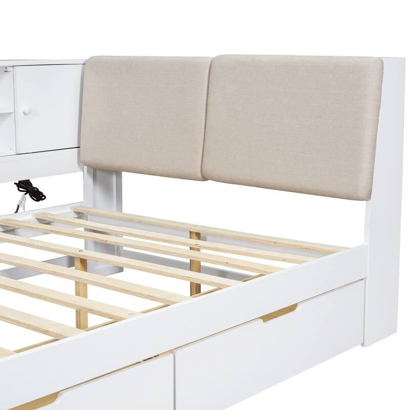 Wooden L-shaped Daybed Corner Bed with Storage Bookcase and USB Charging Ports