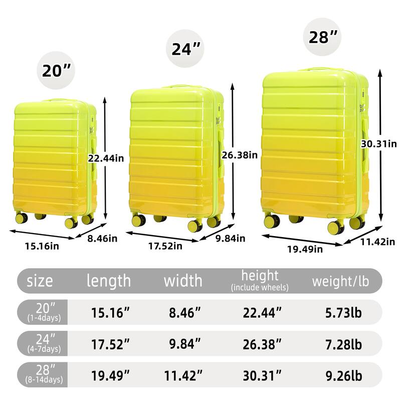 20"/24"/28" 3 pcs/set in PC Spinner Wheel Luggage, Carry on Suitcase, With Gradient Color and Combination Lock