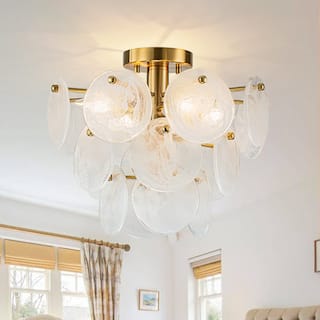 Modern Mid-Century White Misty Glass Round Ceiling Light 13.7in