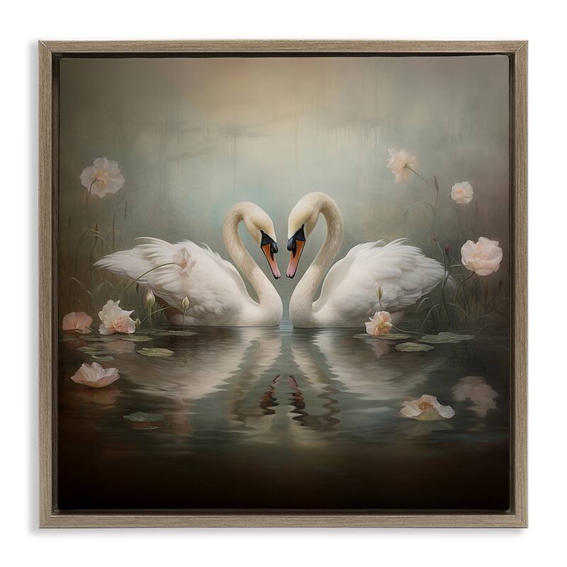 Stupell Romantic Swans in Floral Pond Framed Floater Canvas Wall Art Design By Arlington Prints - 25 x 25 - Brown