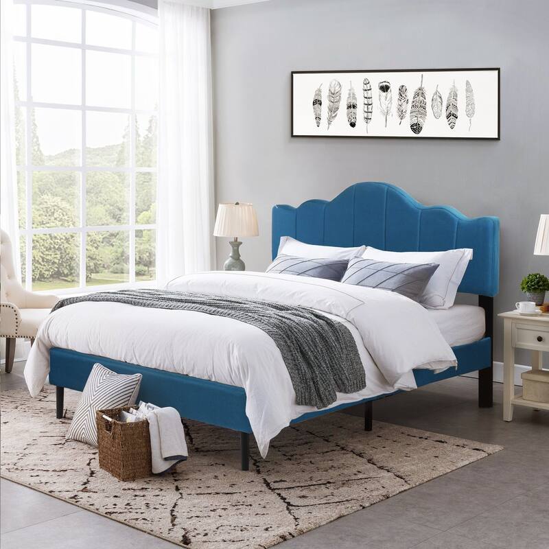 VECELO Modern Upholstered Platform Bed with Adjustable Headboard, Dark Blue/ White/ Grey/ Beige Bed Frames