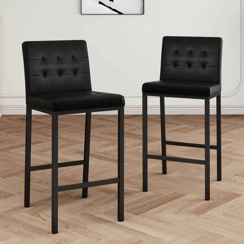 Modern High Bar Stools Set of 2, Kitchen Stool Island with PU Backrest, Gaming Chair with Metal Legs and Footstool - Black