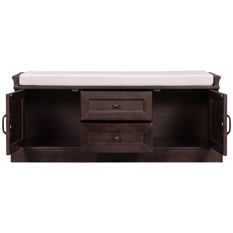 Storage Bench with 2 Drawers and 2 Cabinets, Shoe Bench with Removable Cushion