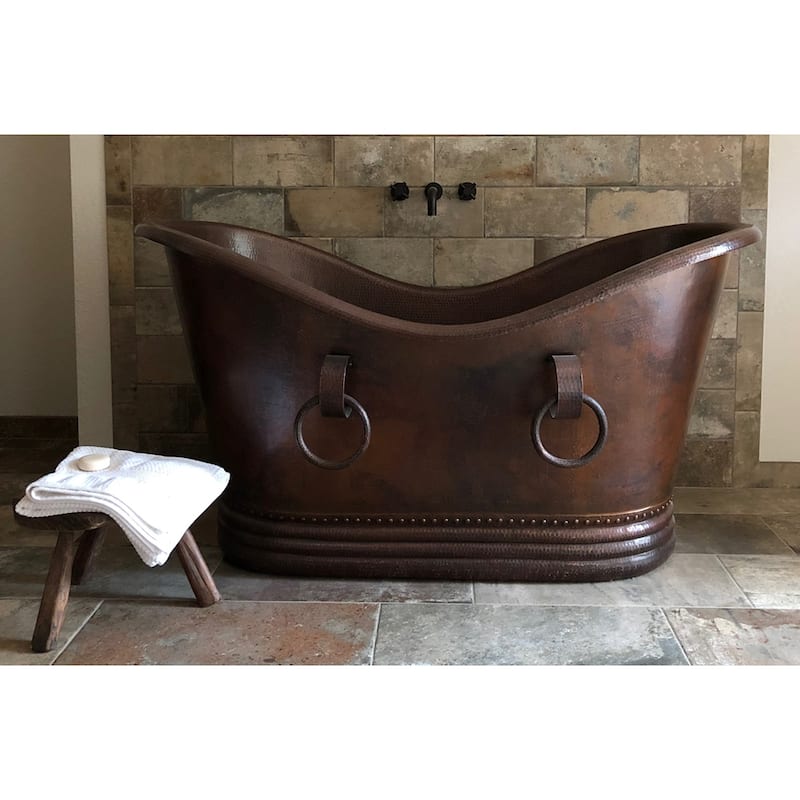 60-in Hammered Copper Double Slipper Bathtub With Rings in Oil Rubbed Bronze